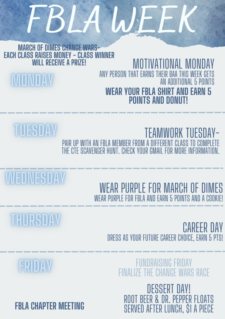 HHS FBLA Week Activities for next week.